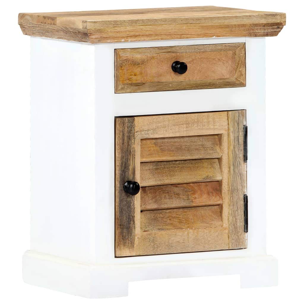 vidaXL Solid Rough Mango Wood Nightstand with Drawer and Door, White and Brown, Scandinavian Farmhouse Style, Bedroom Side Cabinet 15.7"x11.8"x19.6"